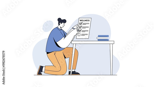 Person checking off wellness checklist on desk, healthy lifestyle concept