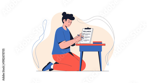 Person filling out wellness checklist on clipboard, healthy lifestyle concept