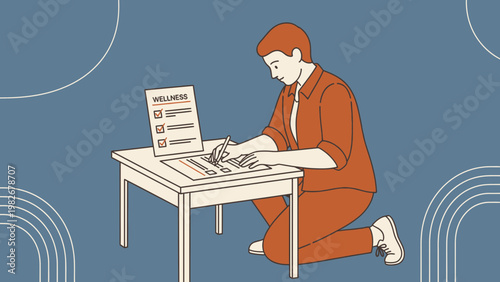 Person filling out wellness checklist on a table, self-care concept