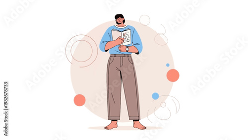 Person reading a book with a checklist, modern flat illustration