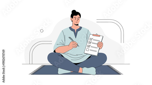 Person sitting cross-legged with checklist and pen, planning and organizing tasks.