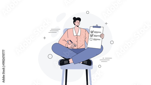 Person sitting cross-legged with checklist and pen, planning tasks, modern illustration