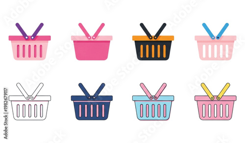 Vector Set of Colorful Shopping Baskets with Handles for Retail, E-commerce, and Shopping Designs