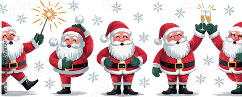 Set of vintage style cute Santa Claus characters celebrating with sparklers champagne and snowflakes vector illustration isolated on white background for Christmas designs.