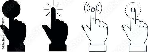 Black and white hand icons with finger interacting with touchscreen