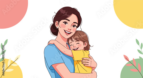 Mother Hugging Little Child.