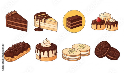 Vector Set of Chocolate Cakes, Pastries, and Cream Desserts for Bakery, Sweets, and Confectionery Illustrations