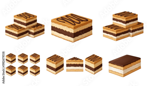 Vector Set of Chocolate Layered Desserts with Cream and Drizzle for Bakery, Dessert, and Sweets Illustrations