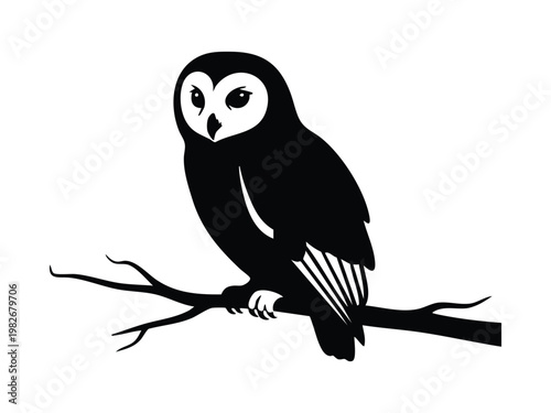A striking black and white silhouette of an owl perched on a bare tree branch, illustrating nocturnal wildlife.