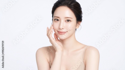 白背景のクリーンな空間で頬にやさしく手を添えて微笑む若い女性のビューティーポートレート、透明感のある素肌と上質な保湿感を印象づけるスキンケア広告向け人物素材