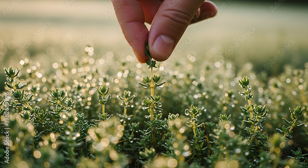 Fototapeta premium A human hand gently nurtures a tiny, dew-covered green plant in a lush field bathed in soft morning light.