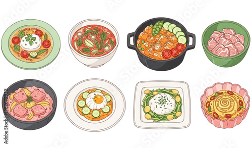 Vector Set of Delicious Home-Cooked Dishes including Soups, Stews, Eggs, and Salads for Food, Cooking, and Culinary Designs