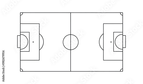 Top view of a minimalist soccer field diagram with goals, center circle, and boundary lines on a white background, perfect for tactical planning.
