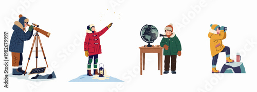 Set of children in winter clothes exploring the night sky and stars with telescopes, binoculars, and maps.