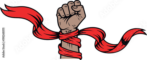 Raised fist with red ribbon tied around wrist