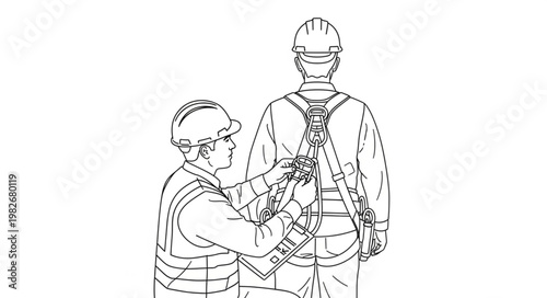 Worker Adjusting Safety Harness on Colleague.