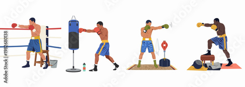 Set of flat vector illustrations featuring male boxers training, including punching heavy bags, shadow boxing, and posing in a boxing ring.