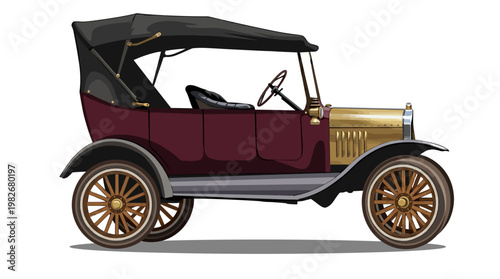 Side view of a classic vintage car with a dark red body and golden hood, featuring wooden spoke wheels and a black convertible top.