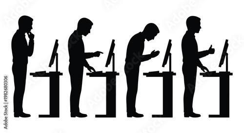 Photos Ergonomic standing desk posture silhouettes, man working at computer workstation
