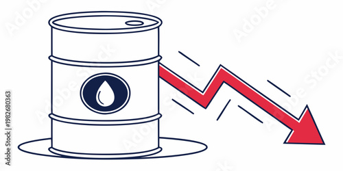 Crude oil drum icon with red downward trend arrow petroleum business industry investment statistic negative commodity illustration crudeoil businesschart financial recession