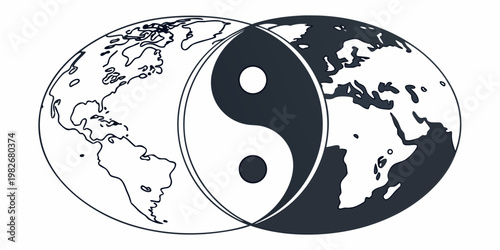 Yin yang earth globe map illustration design concept with illustration contrast connection opposites philosophy spiritual abstract geography continents worldview peaceful togetherness