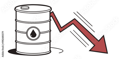 Metal oil barrel with red economic decline arrow petroleum business industry investment statistic negative commodity illustration crudeoil businesschart financial recession oilprice