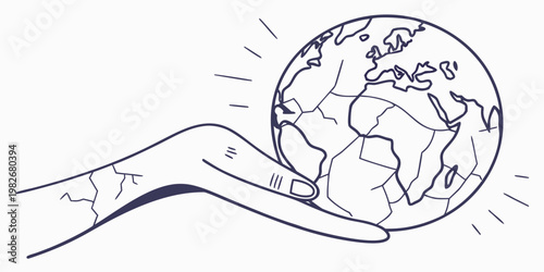 Conceptual outline illustration of a cracked hand holding a globe representing fragile environment with environment protection sustainability earthquake pollution illustration minimalist