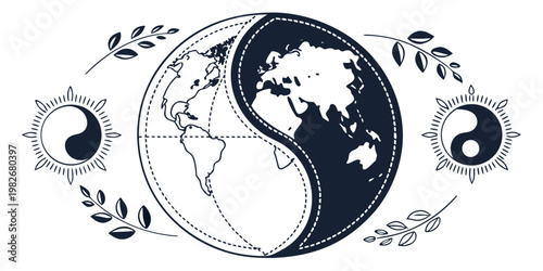 Earth globe yin yang symbol concept with sun elements and foliage borders geography conceptual spiritual wellness lifestyle environment illustration monochrome isolated template