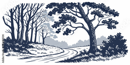 Graphic illustration of dark forest path with bare trees and dense foliage landscape woodland illustration monochrome adventure artistic background countryside dramatic peaceful
