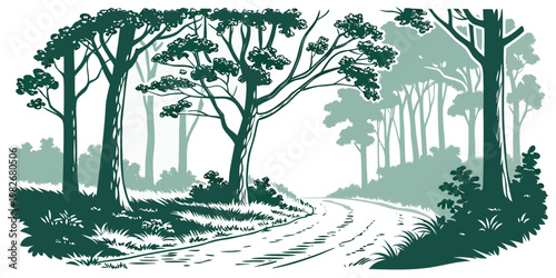 Hand drawn green forest landscape illustration with path through serene woodland landscape woodland illustration adventure artistic background countryside dramatic peaceful environment