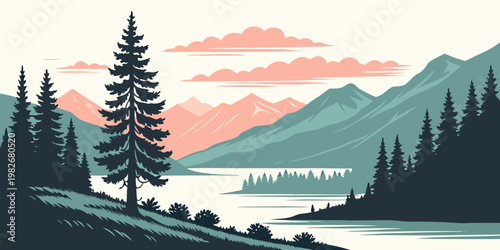 Majestic mountain range overlooking a calm lake with evergreen forest evergreen tree flat design mountain landscape illustration minimalist stylized wilderness environment waterfront