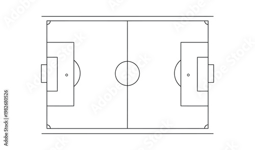 Top view of a detailed soccer field diagram with marked boundaries, center circle, and goal areas, perfect for coaching strategies.