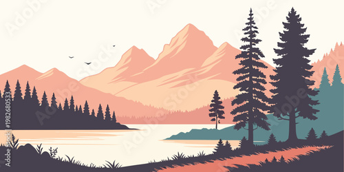 Mountain lake scene with pine forest and sandy path in warm hues pine tree flat design mountain landscape illustration minimalist stylized wilderness environment waterfront sunlight