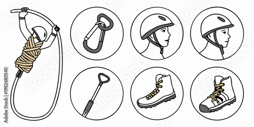 Climbing icons collection with person on rope carabiner helmet hiking shoes in circle borders climbing gear safety gear rock climbing carabiner mountaineering adventure trekking