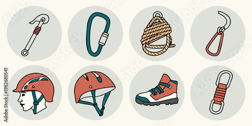 Set of climbing gear icons in circular frames including carabiners rope coil helmet hiking shoes with climbing equipment safety gear rock climbing icon climbing carabiner trekking