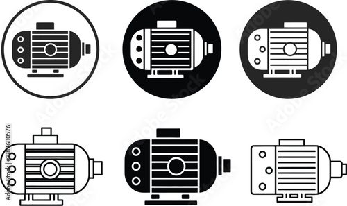 Electric motor icon set, black flat vector illustrations of industrial DC electromotor symbols, clean and modern design suitable for mobile apps, websites, and UI interfaces.
