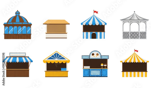 Vector Set of Colorful Market Stalls, Kiosks, and Gazebos for Street Food, Festivals, and Outdoor Event Designs