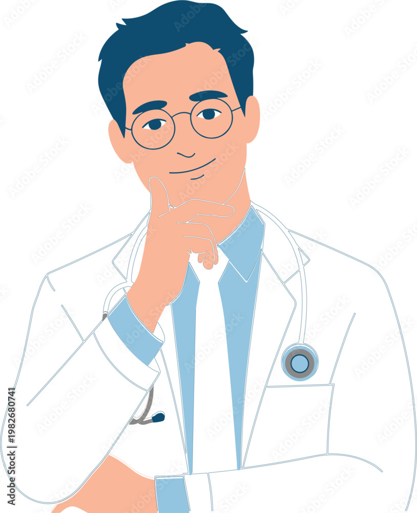 Fototapeta premium Professional vector illustration of a thoughtful senior male doctor wearing white coat and stethoscope with hand on chin representing medical expertise healthcare consultation and clinical resear