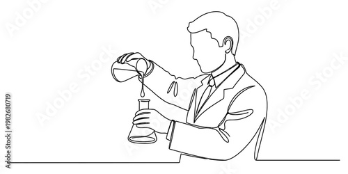 A single continuous line drawing of a male scientist performing a chemical experiment in a lab