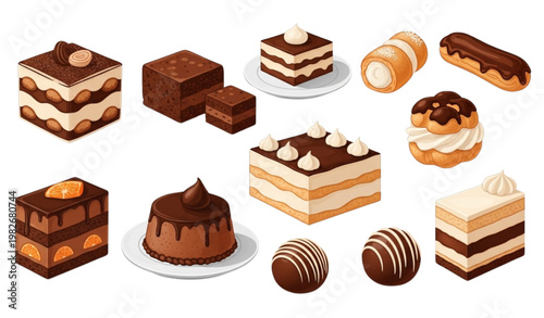Vector Set of Chocolate Desserts including Cakes, Truffles, and Pastries for Bakery, Sweets, and Gourmet Designs