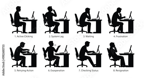Fotografi Frustrated office worker silhouette set, 8 icons of man at computer desk experie