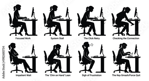 Obraz na płótnie Office frustration silhouette set of 8 icons, woman working at computer desk wit
