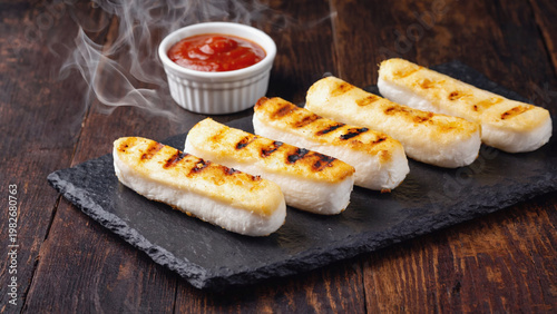 crispy fried mozzarella sticks with ketchup served in a black plate.ai 