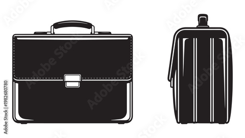 Classic Black and White Graphic Illustration of Vintage Leather Briefcase and Traditional Doctor's Bag, Professional Accessories for Business and Medical Work, Isolated.