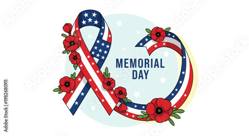 Memorial Day Ribbon with Poppies and American Flag Stars and Stripes