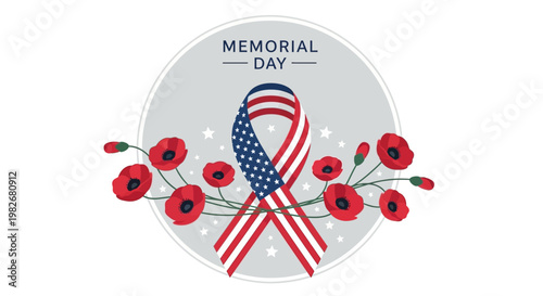 Memorial Day Ribbon with Poppies and American Flag Stars