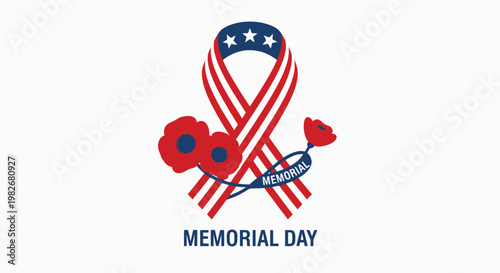 Memorial Day Ribbon with Poppies and Stars, USA Flag Colors, Honoring Fallen Soldiers