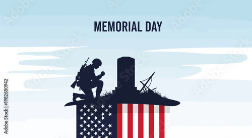 Memorial Day soldier kneeling at grave with American flag and tombstone