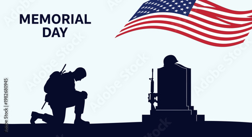 Memorial Day: Soldier Kneeling at Grave Under US Flag