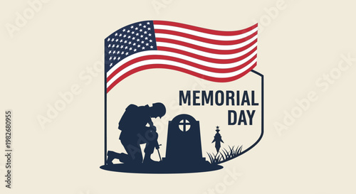 Memorial Day soldier kneeling at grave with American flag